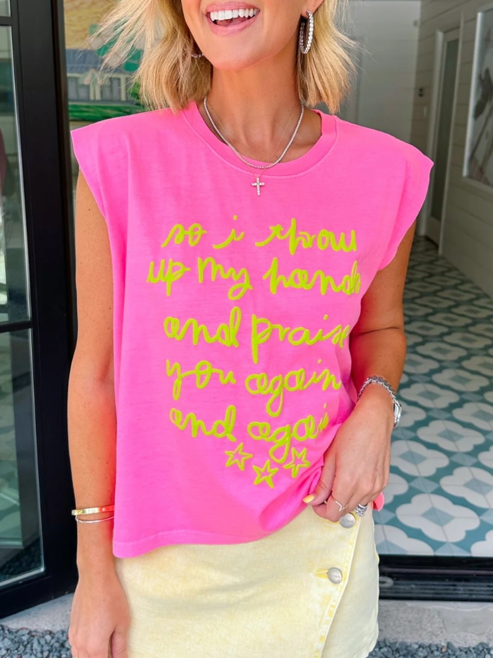 Poppy and Pine- Neon Pink Graphic Muscle Tee - Bright Script